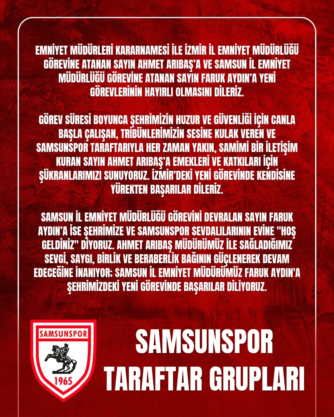 Samsunspor Taraftarlarından Samsun Yeni Emniyet Müdürü Faruk Aydın’a Hoş Geldin Mesajı - Fotoğraf 1