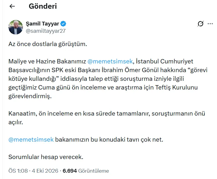 Şamil Tayyar paylaştı: Eski SPK Başkanı Gönül hakkında yeni gelişme, Sorumlular hesap verecek mi? Şamil Tayyar paylaştı: Eski SPK Başkanı Gönül hakkında yeni gelişme, Sorumlular hesap verecek mi?